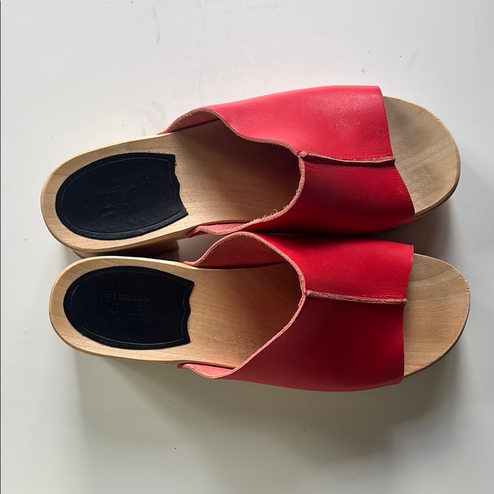 Swedish Hasbeens Red Leather Mules with Wooden Sole